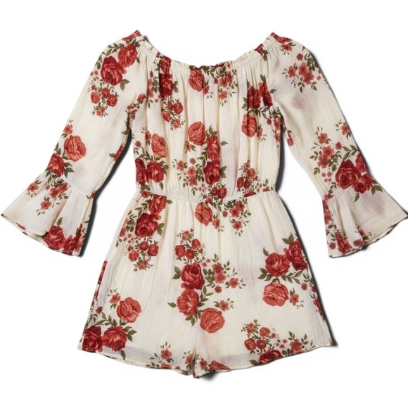 Blush Dresses & Skirts - BLUSH Off Shoulder Floral Mini Dress Red Roses Smocked Waist Bohemian Size S